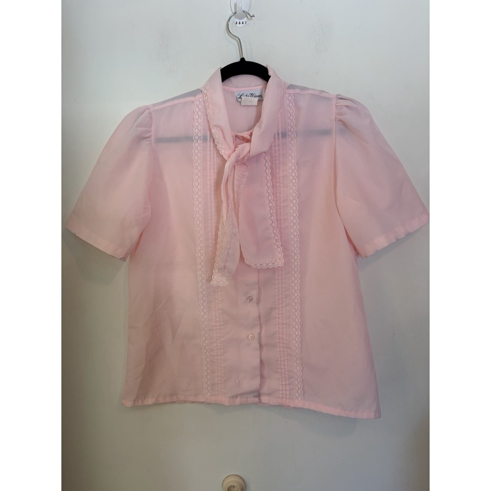 Vintage Lucky Winner Scalloped Blouse‎ Pink Sheer Scarf Neckline Size 11/12 USA